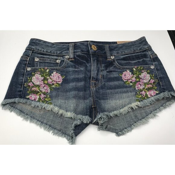 American Eagle Denim Shorts 00 Floral Embroidered Distressed Frayed Hem Cut Off - Picture 1 of 8